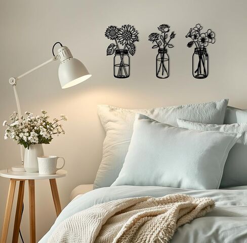oiikain 3-Piece Black Metal Flower Wall Decor Set - Minimalist Sunflowers, Roses, and Violets Art Sculptures with Leaf Accents for Living Room and Kitchen (Small - 10.2in) in Saudi Arabia