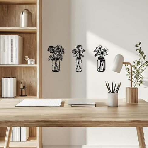 oiikain 3-Piece Black Metal Flower Wall Decor Set - Minimalist Sunflowers, Roses, and Violets Art Sculptures with Leaf Accents for Living Room and Kitchen (Small - 10.2in) in Saudi Arabia