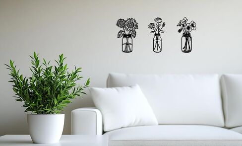 oiikain 3-Piece Black Metal Flower Wall Decor Set - Minimalist Sunflowers, Roses, and Violets Art Sculptures with Leaf Accents for Living Room and Kitchen (Small - 10.2in) in Saudi Arabia