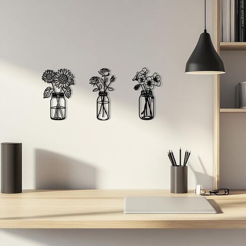 oiikain 3-Piece Black Metal Flower Wall Decor Set - Minimalist Sunflowers, Roses, and Violets Art Sculptures with Leaf Accents for Living Room and Kitchen (Small - 10.2in) in Saudi Arabia