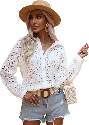 Verdusa Women's Long Sleeve Collar Floral Eyelet Embroidery Button Front Semi Sheer Blouse Shirt in Kuwait