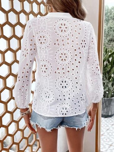 Verdusa Women's Long Sleeve Collar Floral Eyelet Embroidery Button Front Semi Sheer Blouse Shirt in Kuwait
