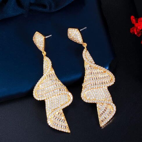 14K Gold Spiral Crystal Drop Earrings for Women,Sparkling Irregular Geometric Moissanite Long Dangle Earrings,Luxury Jewelry Gift for Her in Kuwait