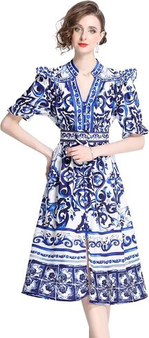 LAI MENG FIVE CATS Women's Button Up V-Neck Short Puff Sleeve Floral Print Split Casual Midi Dress in Kuwait
