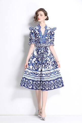 LAI MENG FIVE CATS Women's Button Up V-Neck Short Puff Sleeve Floral Print Split Casual Midi Dress in Kuwait