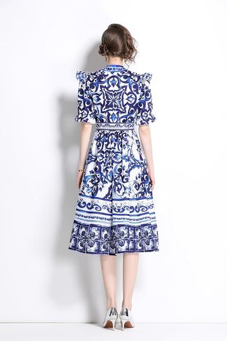 LAI MENG FIVE CATS Women's Button Up V-Neck Short Puff Sleeve Floral Print Split Casual Midi Dress in Kuwait