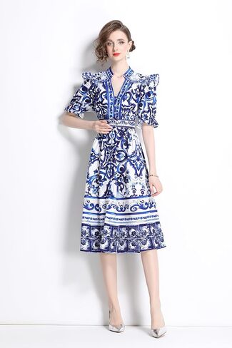 LAI MENG FIVE CATS Women's Button Up V-Neck Short Puff Sleeve Floral Print Split Casual Midi Dress in Kuwait