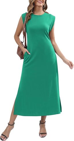 فساتين نسائية صيفية طويلة كاجوال بدون أكمام فستان صيفي برقبة دائرية وفضفاضة للشاطئ فستان طويل مع جيوب in Kuwait