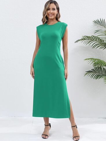 فساتين نسائية صيفية طويلة كاجوال بدون أكمام فستان صيفي برقبة دائرية وفضفاضة للشاطئ فستان طويل مع جيوب in Kuwait