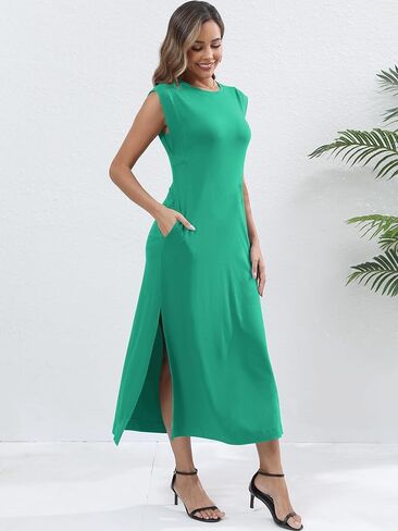 فساتين نسائية صيفية طويلة كاجوال بدون أكمام فستان صيفي برقبة دائرية وفضفاضة للشاطئ فستان طويل مع جيوب in Kuwait