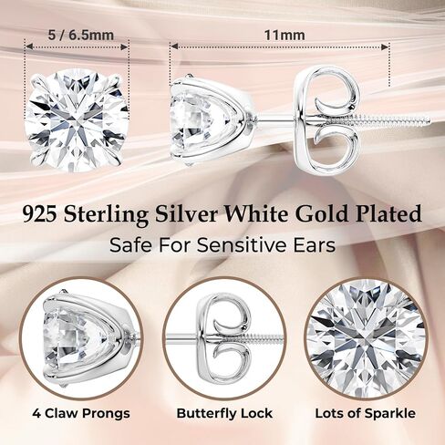 Moissanite Earrings for Women & Men, Lab Created Diamond Earrings, Round Cut GH VVS1, White Gold Plated 925 Sterling Silver Moissanite Earrings Studs,1 & 2 CT 5mm, 6.5mm, Push Back, Screw Back in Saudi Arabia