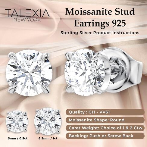 Moissanite Earrings for Women & Men, Lab Created Diamond Earrings, Round Cut GH VVS1, White Gold Plated 925 Sterling Silver Moissanite Earrings Studs,1 & 2 CT 5mm, 6.5mm, Push Back, Screw Back in Saudi Arabia
