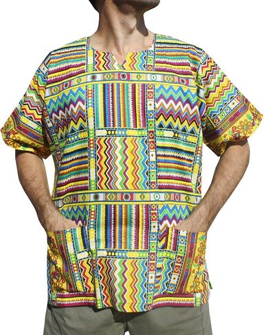 RaanPahMuang Bright Summer Ankara Dashiki Afrikan Weave Print Shirt with Pockets in Kuwait