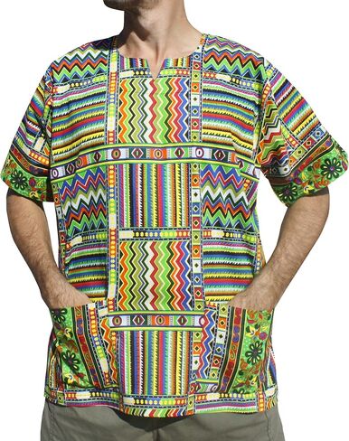 RaanPahMuang Bright Summer Ankara Dashiki Afrikan Weave Print Shirt with Pockets in Kuwait
