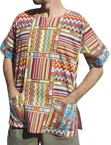 RaanPahMuang Bright Summer Ankara Dashiki Afrikan Weave Print Shirt with Pockets in Kuwait