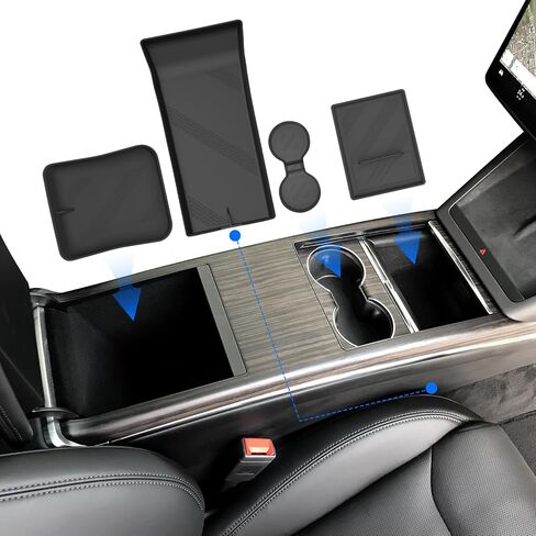 قاعدة أكواب، صينية تنظيم وحدة التحكم المركزية العلوية والسفلية وحصيرة تخزين مسند الذراع لملحقات موديل X/S لعام 2024 2023 2022، مجموعة كاملة من سجادات الإدخال الداخلية، أسود من السيليكون in Kuwait