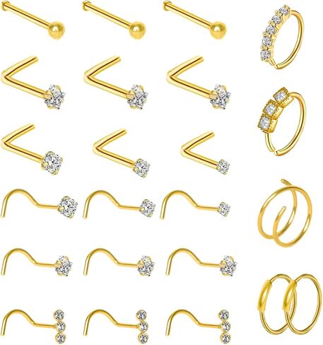 23 قطعة من حلقات الأنف الذهبية للنساء 18 جرام حلقات الأنف هوب 20 جرام مجموعة مجوهرات ثقب الأنف من الفولاذ المقاوم للصدأ مجموعات مسمار الأنف على شكل حرف L مسمار مستقيم الأنف ترصيع المسمار الجسم الحقيقي ثقب المجوهرات للرجال in Kuwait