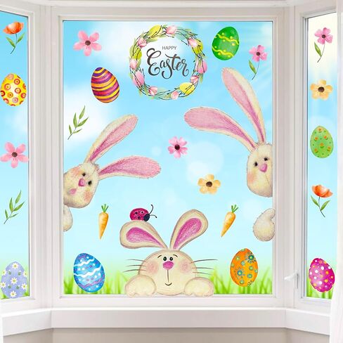 Easter Window Clings Decorations for Glass Window Stickers Decal Door Stickers Easter Decorations, Large Bunny Stickers with Eggs Decals for Easter Spring Door Wall Window Decorations in Saudi Arabia