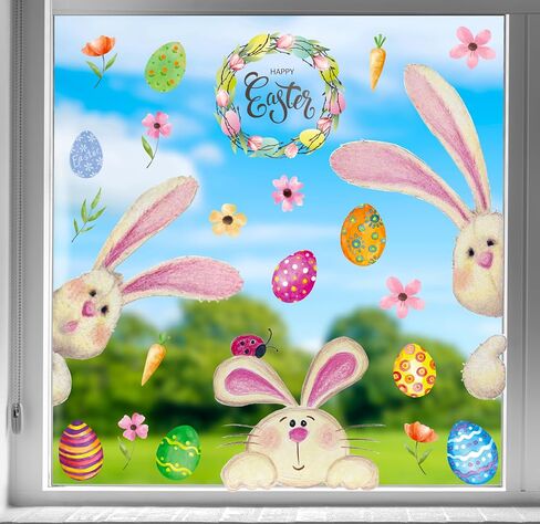 Easter Window Clings Decorations for Glass Window Stickers Decal Door Stickers Easter Decorations, Large Bunny Stickers with Eggs Decals for Easter Spring Door Wall Window Decorations in Saudi Arabia