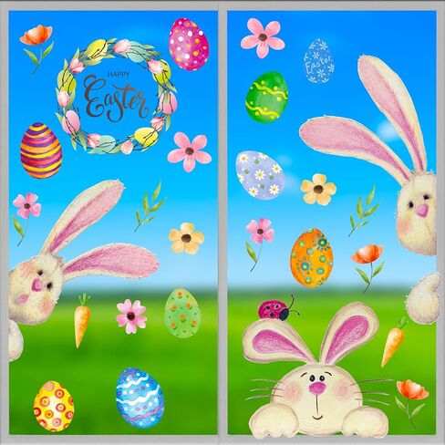 Easter Window Clings Decorations for Glass Window Stickers Decal Door Stickers Easter Decorations, Large Bunny Stickers with Eggs Decals for Easter Spring Door Wall Window Decorations in Saudi Arabia