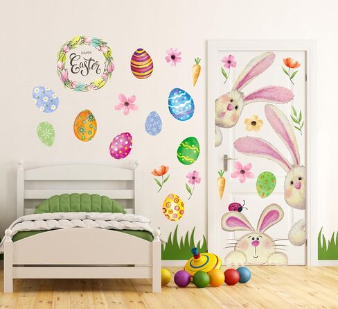 Easter Window Clings Decorations for Glass Window Stickers Decal Door Stickers Easter Decorations, Large Bunny Stickers with Eggs Decals for Easter Spring Door Wall Window Decorations in Saudi Arabia