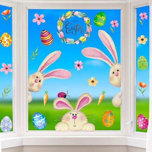 Easter Window Clings Decorations for Glass Window Stickers Decal Door Stickers Easter Decorations, Large Bunny Stickers with Eggs Decals for Easter Spring Door Wall Window Decorations in Saudi Arabia