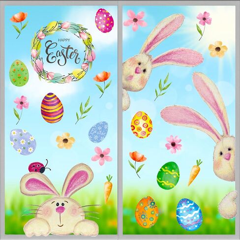 Easter Window Clings Decorations for Glass Window Stickers Decal Door Stickers Easter Decorations, Large Bunny Stickers with Eggs Decals for Easter Spring Door Wall Window Decorations in Saudi Arabia