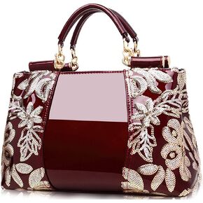 ZiMing Patent Leather Handbag for Women Tote Bags Sequin Embroidery Satchel Bag Top Handle Bag Gorgeous Shoulder Bag Purse