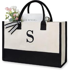Personalized Canvas Initial Tote Bags,Embroidery Monogram with Leather Handle,Present Suitable for Mom,Wedding,Beach