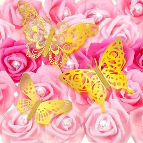 100 Pack Pink Red Roses Artificial Flowers Heads Foam Fake Rose Butterfly Diamond Pins for DIY Holiday Wall Bridal Shower, Wedding Bouquet Decoration (Red)