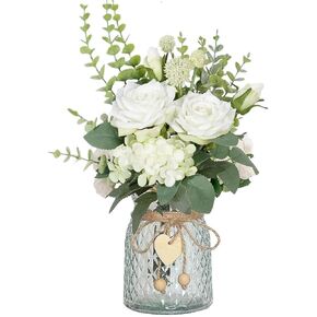 Artificial Fake Flowers in Vase, Faux Silk Roses Floral Hydrangea Bouquet with Vase, Table Centerpiece Decorations Wedding Bouquets for Party Office Farmhouse Kitchen Home Decor, White