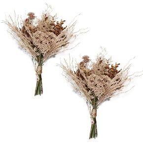 2 Pack Boho Artificial Flowers Plants Bouquet Decoration 13.8inch, Fake Plastic Brown Eucalyptus and Beige Grasses, Faux Floral Arrangement for Wedding Centerpieces Party Home Fall Decor
