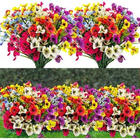 12 Bundles Outdoor Artificial Flowers UV Resistant Silk Pansies Fake Plant Faux Florals for Home Indoor Decor Outside Garden Planter Pot Front Porch Patio Decorations
