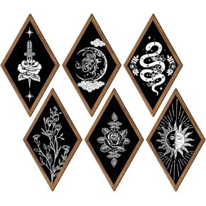 Sintuff 6 Pieces Wall Decor Boho Wall Art Sun Moon Phases Wall Art Gothic Minimalist Stars Sun Wall Hanging Boho Wooden Home Decor Farmhouse Wall Pediments for Gallery Living Bedroom Room
