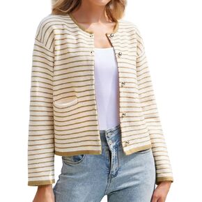 Women's Cardigan Sweaters Striped Sweater Jacket with Pockets Button Down 2024 Fall Knit Casual Coat Cropped Outwear