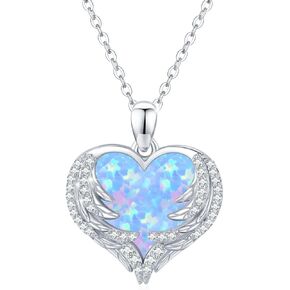 CUOKA MIRACLE Heart Necklace Angel Wing Heart Opal Necklace 925 Sterling Silver Women Necklace Guardian Angel Wings Pendant Necklace Dainty Opal Jewelry Birthday Gifts for Mom Women