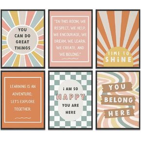 6Pcs Boho Inspirational Posters Wall Art Positive Affirmations Growth Mindset Canvas Wall Decor Pictures Modern Classroom School Posters Wall Prints for Children's Room nursery School 8x10in Unframed