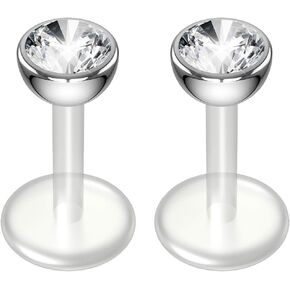 2pc 16g Crystal Gem CZ Bioplast Labret Flexible Lip Stud Clear BioFlex Hypoallergenic Jewelry 12mm
