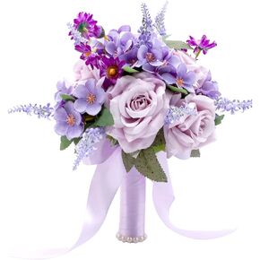 Lavender Purple Wedding Bouquets for Bride Bridesmaid Artificial Roses Flowers Lilac Bridal Bouquet for Rustic French Vintage Formal Wedding Church Home Decoration