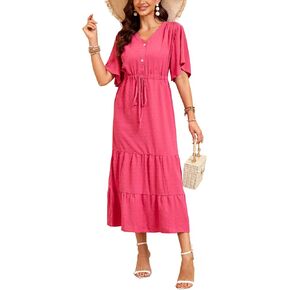 Women's Solid Color Dot Maxi Dress Bohemian V Neck Flutter Sleeve Tie Casual Tunic A line Long Dresses
