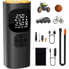 Tire Inflator Portable Air Compressor, Cordless Air Pump, 150PSI Portable Tire Inflator for Car, Motorcycle, Bike Tires & Balls, Pressure LCD Display, LED Light, Auto Shut-Off, Black-Orange