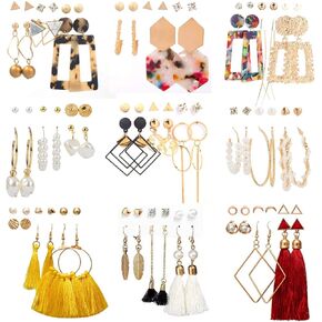 53 Pairs Earrings Set for Women, Fashion Acrylic Tassel Gold Hoop Earrings Multipack Statement Pearl Earring Stud Pack, Hypoallergenic Drop Dangle Earrings for Valentine's Day Gift