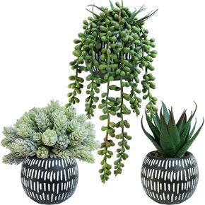 Winlyn Set of 3 Small Artificial Succulent Potted Plants Faux Aloe Hops Hanging Succulent in Rustic Galvanized Metal Pots Fake Plant Decor for Farmhouse Home Office Wedding Windowsill Table Shelf