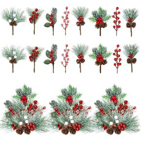 Christmas Decorations - 40 Packs Snow Artificial Christmas Picks Red Berry Stems Sprays Faux Cedar Holly Pine Needles Branches Christmas Tree Picks for Xmas Winter Holiday DIY Crafts Wreath Tree