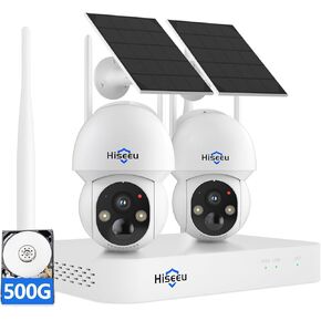 Hiseeu Solar Security Camera Outdoor,4MP Cameras,Wireless Home Security Cameras System,Color Night Vision,Solar-Powered, 2.4G/5G WiFi, 360° Pan & Tilt,500GB HDD,No Subscription