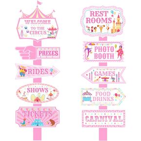 20Pcs Circus Carnival Party Directional Signs Pink, Circus Carnival Signs, Circus Tent Porch Sign, Carnival Yard Sign for Kids Indoor Outside Carnival Party Supplies