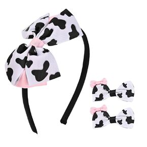 Cow Print Bow Headbands for Girls - Cute Kids Hair Bands with 2Pcs Interchangeable Cow Print Bow Clips, Thin Head Band Accessories for Toddler Children (Black&White-Cow Print, 3Pcs-Kit)