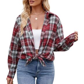 Womens Flannel Fashion Plaid Shirts Button Down Shacket Long Sleeve Jacket Casual Fall Top
