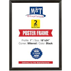 M&T Displays Snap Poster Frame 18x24 Inch Silver 1" Aluminum Profile Front Loading Wall Mounting Photo Picture Document Certificate Sign Holder Mitered Corner Anti Glare Cover (2 pack)