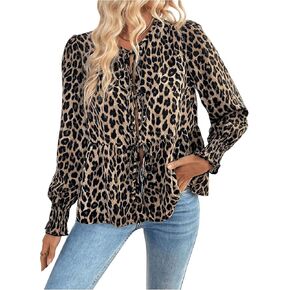 Milumia Women's Leopard Print Bow Tie Blouses Lantern Long Sleeve Peplum Tops